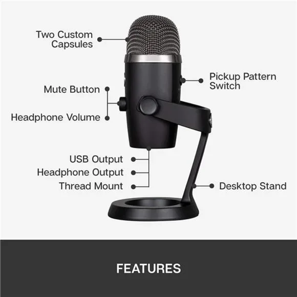 Logitech Blue Yeti Nano Premium USB Microphonel, No-Latency Monitoring-Blackout